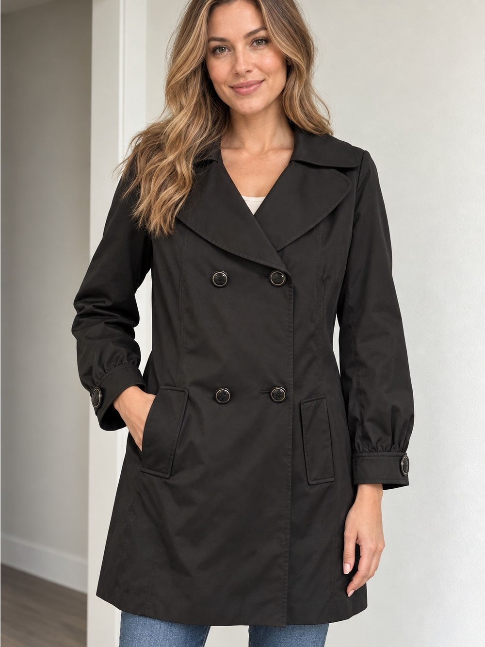 Dana Buchman Black Double-Breasted Trench Coat Jacket Size M